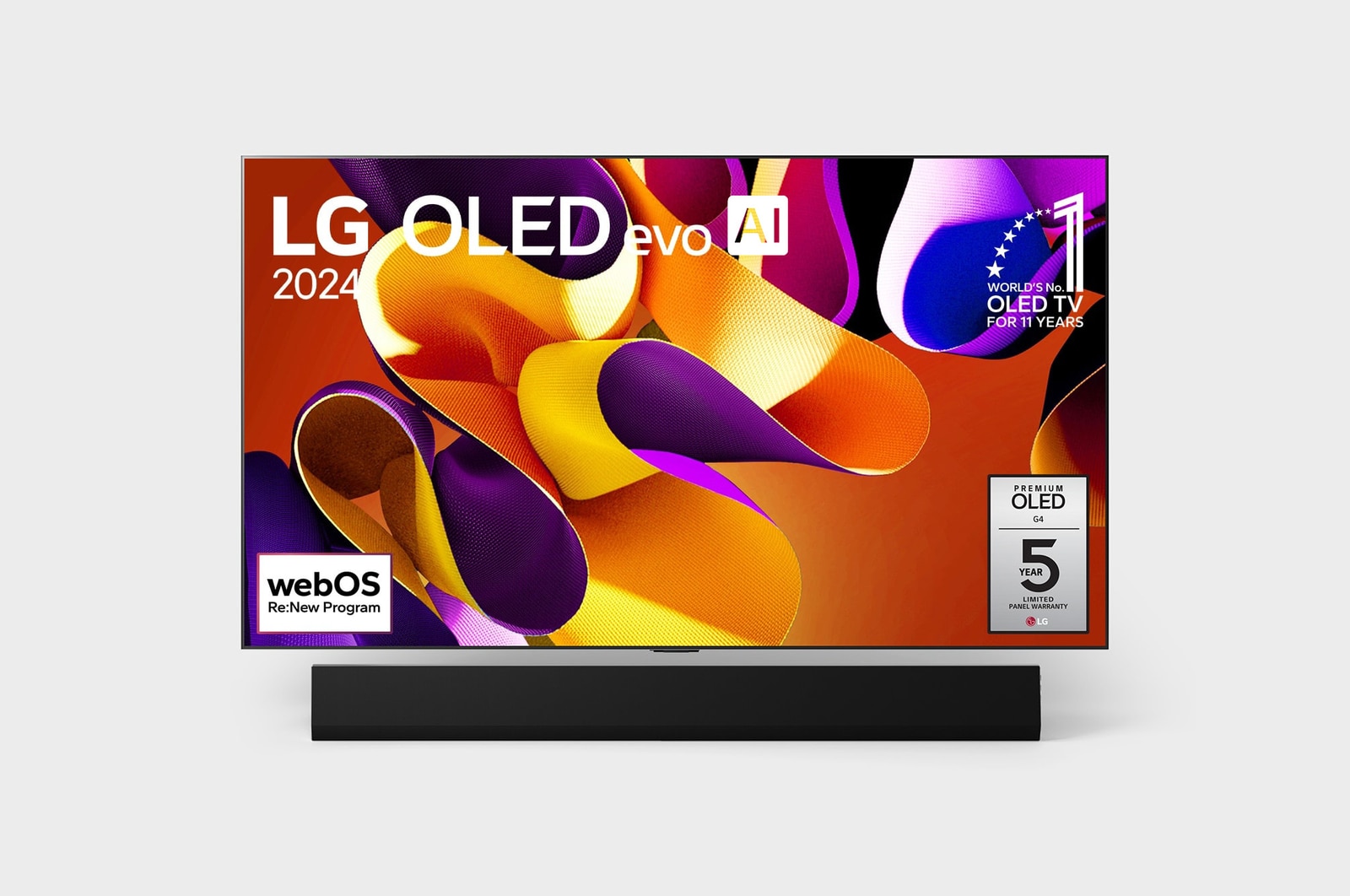 Vista frontal da LG OLED evo AI G4 4K Smart TV de 77 polegadas 2024, OLED77G45LW com as features principais com o emblema dos 11 anos da OLED número 1 do mundo e o logótipo do WebOS