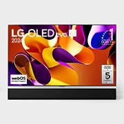 Vista frontal com a LG OLED evo TV, OLED G4, o emblema dos 11 anos da OLED número 1 do mundo e o logótipo da garantia do painel de 5 anos no ecr?, assim como a barra de som abaixo