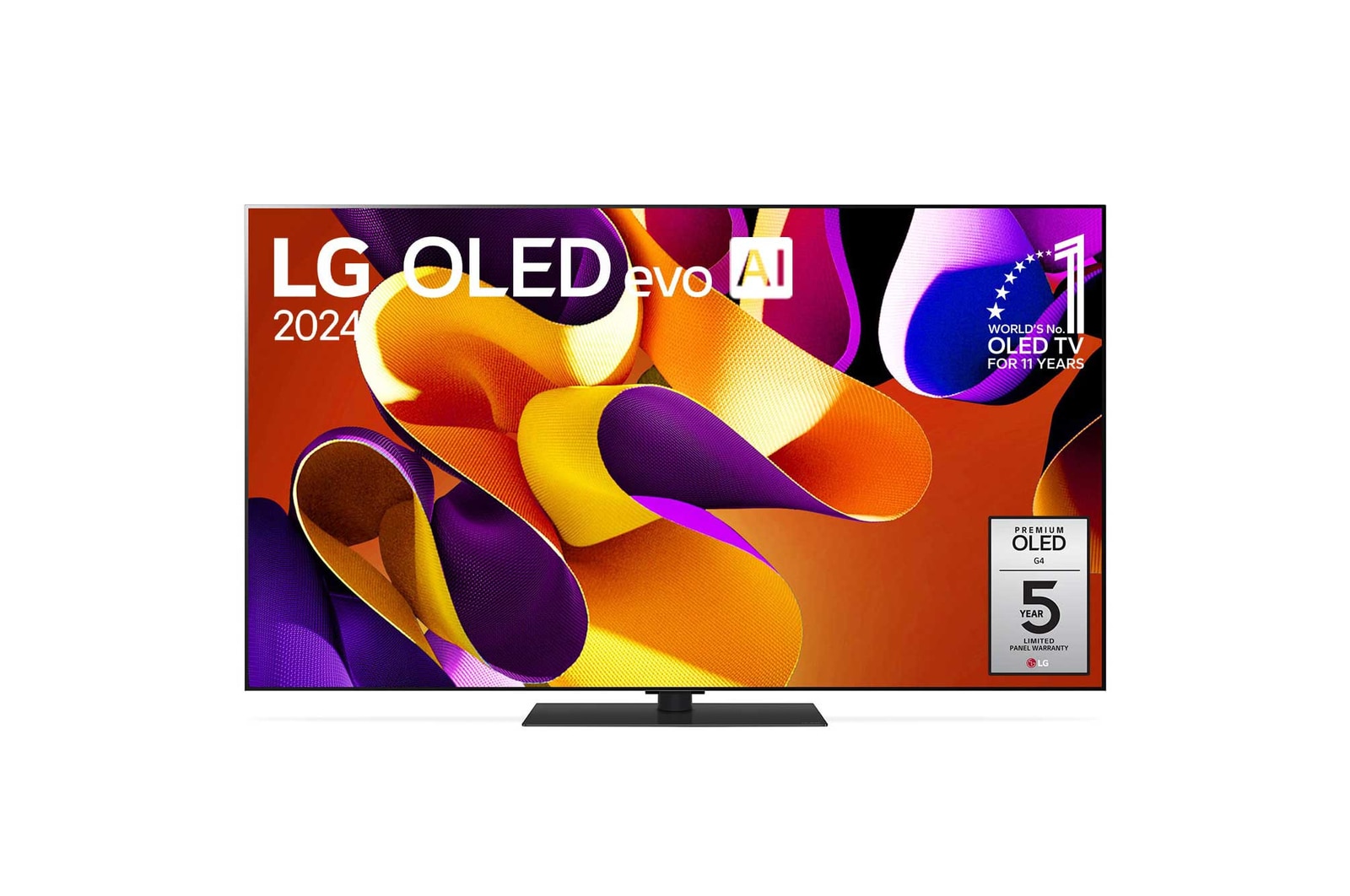 Vista frontal com a LG OLED evo TV, OLED G4, o emblema dos 11 anos da OLED número 1 do mundo e o logótipo da garantia do painel de 5 anos no ecr?, assim como a barra de som abaixo