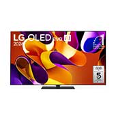 Vista frontal com a LG OLED evo TV, OLED G4, o emblema dos 11 anos da OLED número 1 do mundo e o logótipo da garantia do painel de 5 anos no ecr?, assim como a barra de som abaixo