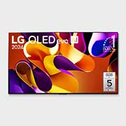 Vista frontal com a LG OLED evo TV, OLED G4, o emblema dos 11 anos da OLED número 1 do mundo e o logótipo da garantia do painel de 5 anos no ecr?