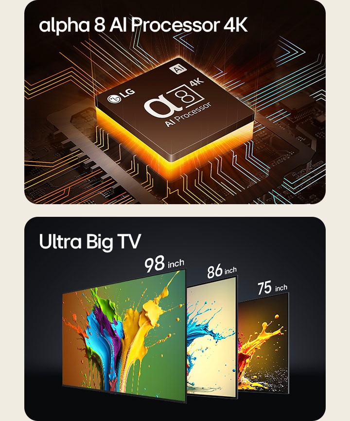 O Processador α8 AI 4K é mostrado com uma luz amarela a ser emanada a partir de baixo. Uma forma em espiral vermelha, amarela e roxa é mostrada entre as palavras "webOS Atualizável" e "webOS Re:New Program". As televis?es LG QNED89, QNED90 e QNED99 s?o exibidas da esquerda para a direita. Cada televis?o mostra salpicos coloridos e as palavras "TV Ultragrande" s?o mostradas acima das televis?es.O Processador α8 AI 4K é mostrado com uma luz amarela a ser emanada a partir de baixo. Uma forma em espiral vermelha, amarela e roxa é mostrada entre as palavras "webOS Atualizável" e "webOS Re:New Program". As televis?es LG QNED89, QNED90 e QNED99 s?o exibidas da esquerda para a direita. Cada televis?o mostra salpicos coloridos e as palavras "TV Ultragrande" s?o mostradas acima das televis?es.