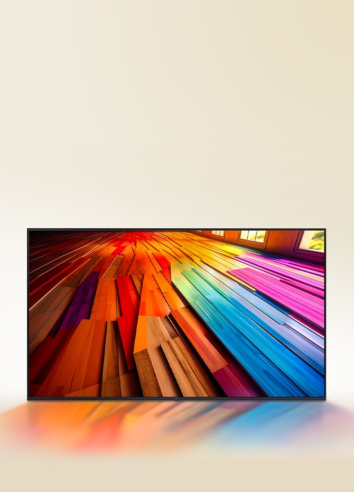 Um túnel em forma de quadrado com cores vibrantes, que fica gradualmente mais estreito em dire??o à parte de trás, exibido numa LG TV.