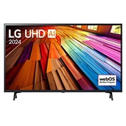 Vista frontal da LG UHD TV, UT80 com texto da LG UHD AI ThinQ, 2024 e o logótipo do webOS Re:New Program no ecr?