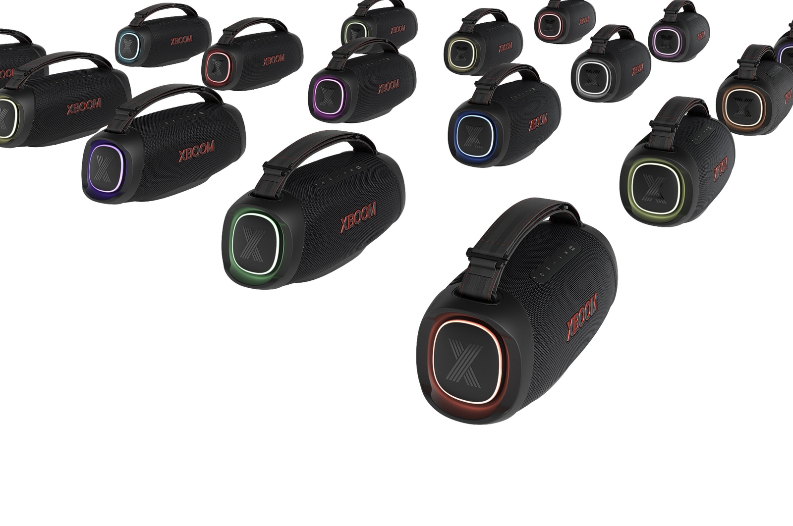 Muitos LG XBOOM Gos est?o alinhados com o altifalante esquerdo para a frente, com cores de ilumina??o diferentes