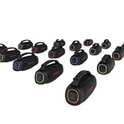 Muitos LG XBOOM Gos est?o alinhados com o altifalante esquerdo para a frente, com cores de ilumina??o diferentes