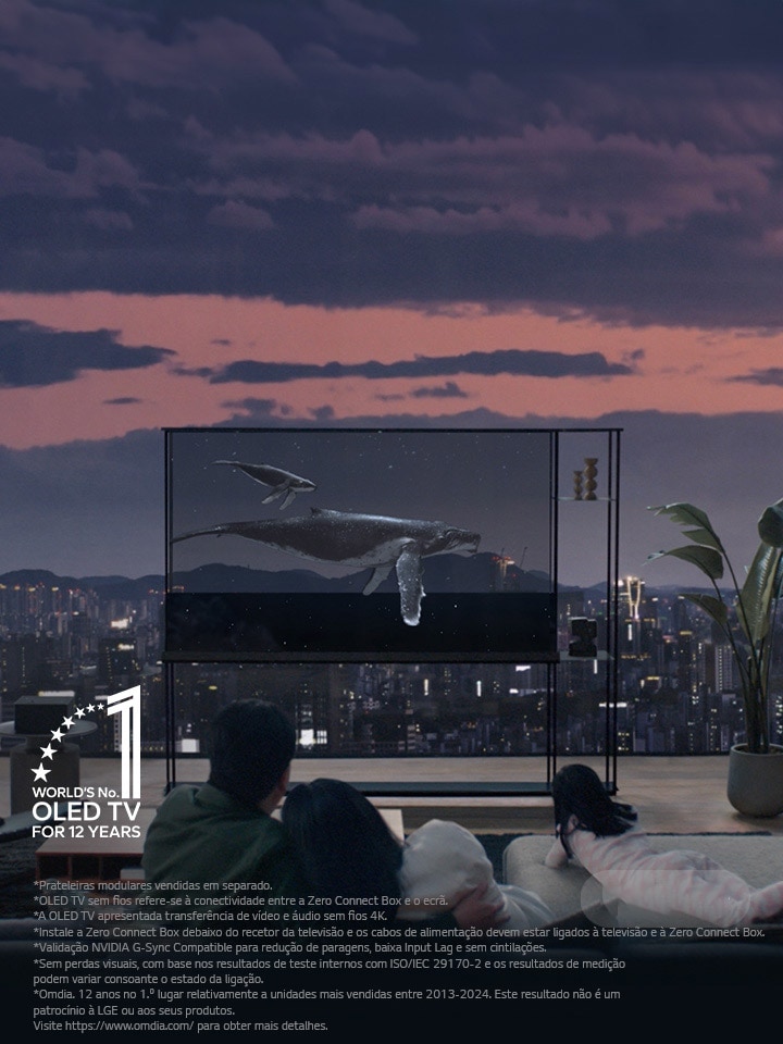 Uma baleia nada numa LG SIGNATURE OLED T enquanto a sombra é diminuída para mostrar o horizonte da cidade ao anoitecer. As pessoas est?o sentadas no sofá em primeiro plano viradas para a televis?o e a janela. A Zero Connect Box está numa mesa pequena à esquerda da televis?o.