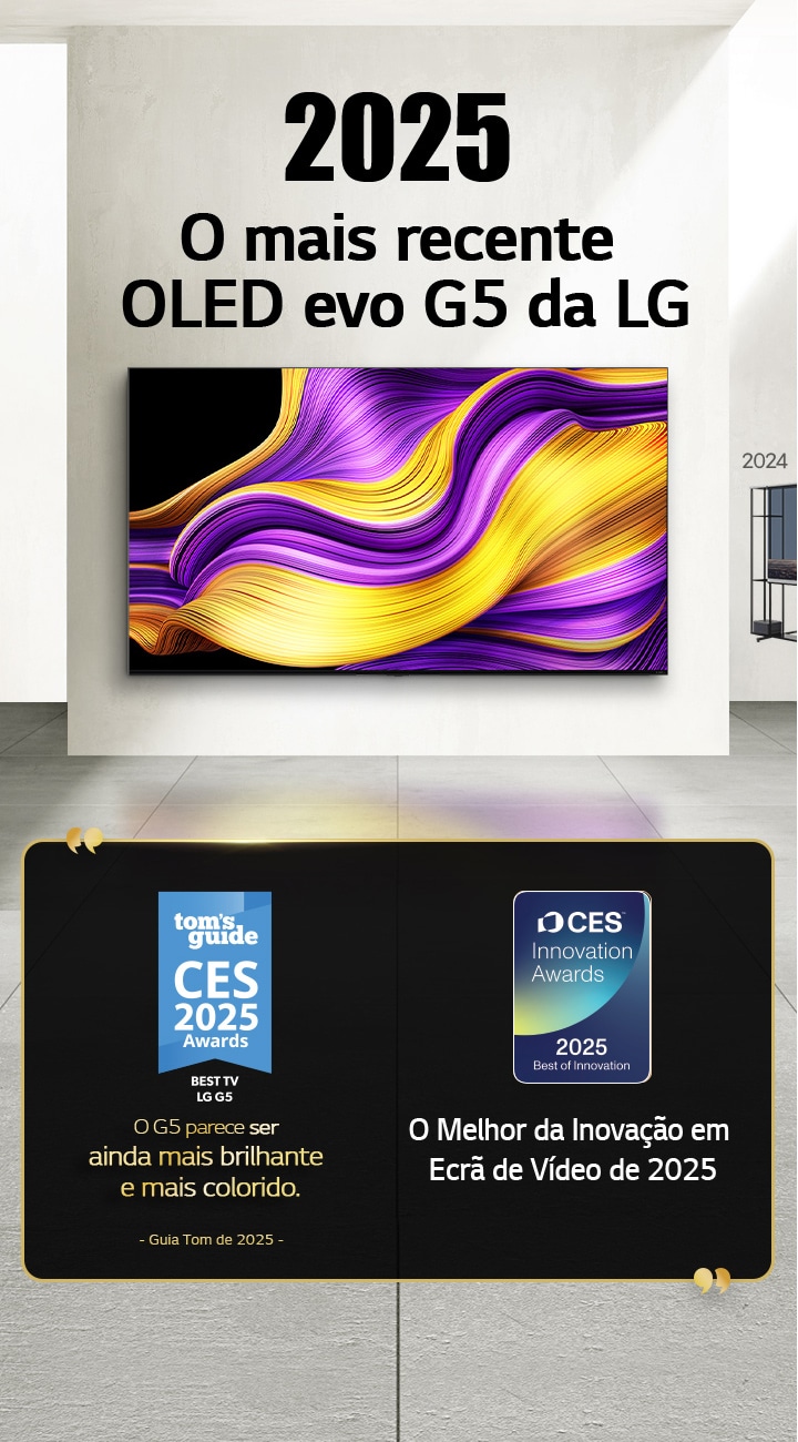 LG TV. O título diz 2025, o mais recente OLED evo G5 da LG. Cita??es de prémios além disso. No Guia Tom, o G5 parece ser ainda mais brilhante e colorido. O Melhor da Inova??o de 2025 em Ecr?s de Vídeo dos Prémios de Inova??o CES. 