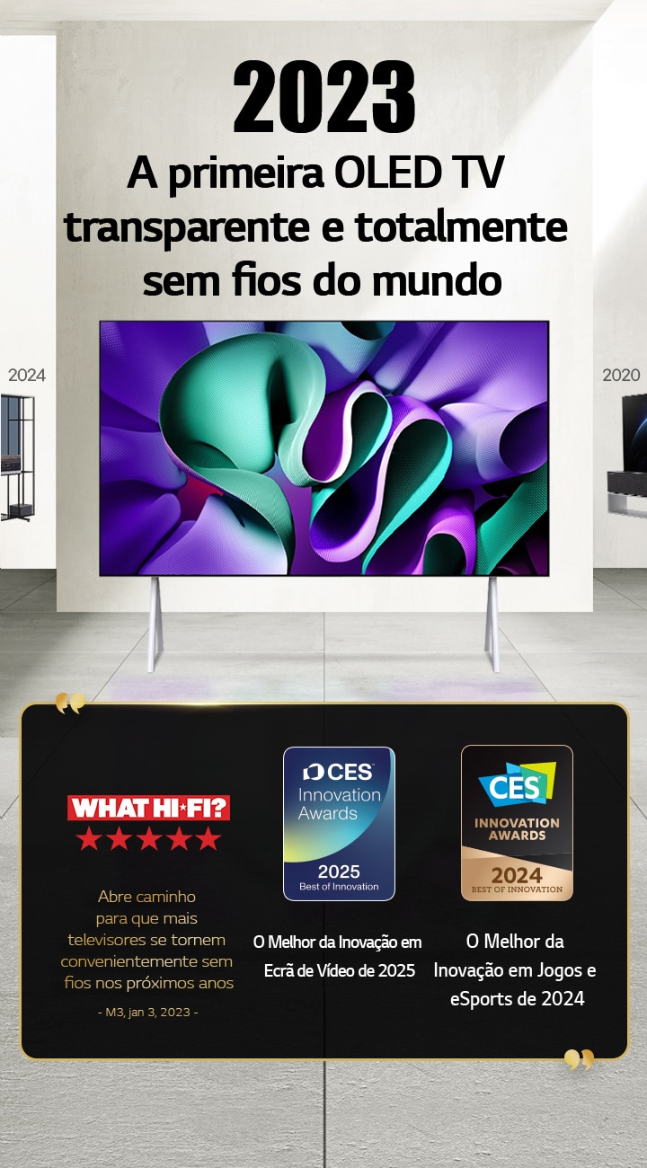 LG TV. O título diz: A primeira OLED TV verdadeiramente sem fios do mundo de 2023. Cita??es de prémios além disso. What Hi-Fi, abre caminho para que mais televisores se tornem convenientemente sem fios nos próximos anos. O Melhor da Inova??o de 2025 em Ecr?s de Vídeo e o Melhor da Inova??o de 2024 em Jogos e Desportos Eletrónicos dos Prémios de Inova??o CES. 