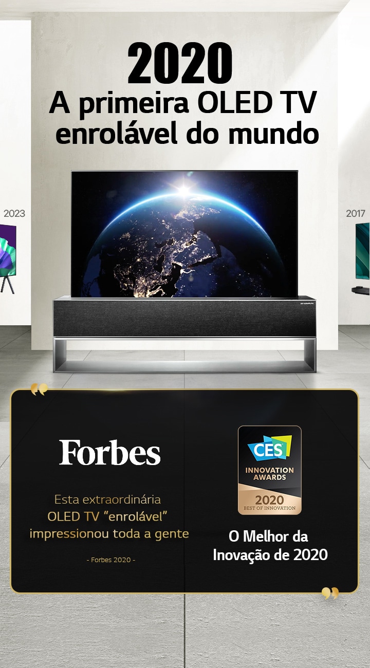 LG TV. O título diz: A primeira OLED TV enrolável do mundo de 2020. Cita??es de prémios além disso. Forbes, esta extraordinária OLED TV enrolável impressionou toda a gente. Prémio “O Melhor da Inova??o” de 2020 dos Prémios de Inova??o CES.