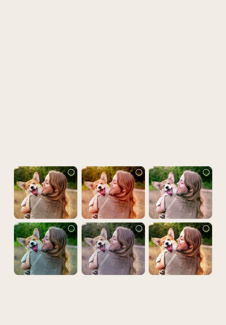 Ecr? de um utilizador no processo de personaliza??o do AI Picture Wizard. S?o apresentadas séries de imagens com as sele??es do utilizador real?adas. Aparece um ícone de carregamento e é apresentada uma imagem de paisagem a ser melhorada da esquerda para a direita. 