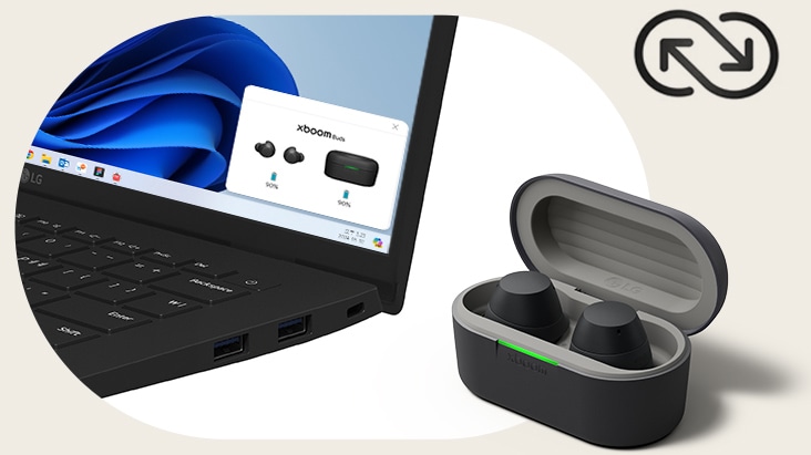 Um computador portátil branco, é mostrado o canto do LG Gram com o ecr? da aplica??o xboom. Ao lado, está colocado o ícone do logótipo da aplica??o xboom.