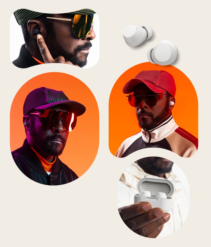 à esquerda, acima, a parte de trás do rosto de will.i.am está a olhar para a esquerda. Está a usar óculos escuros e está a apontar para o earbud na orelha com o dedo indicador. à direita, acima, est?o duas imagens de earbuds brancos. No meio, à esquerda, está colocada a imagem do retrato de will.i.am voltada para a frente, a usar earbuds, boné e óculos de sol. No meio à direita, outra imagem de will.i.am também está a usar earbuds, boné e óculos escuros. Abaixo da base dos xboom Buds com earbuds no seu interior, está a m?o de will.i.am.