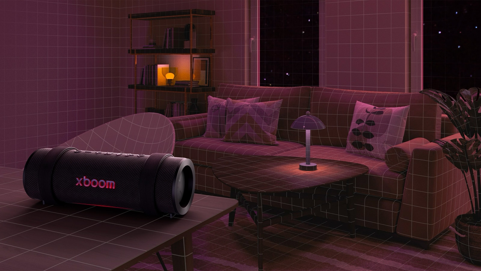 Numa sala totalmente iluminada de cor rosa, um sofá e uma mesa brancos est?o colocados atrás. à frente, o xboom Grab está colocado no topo de uma mesa retangular branca.