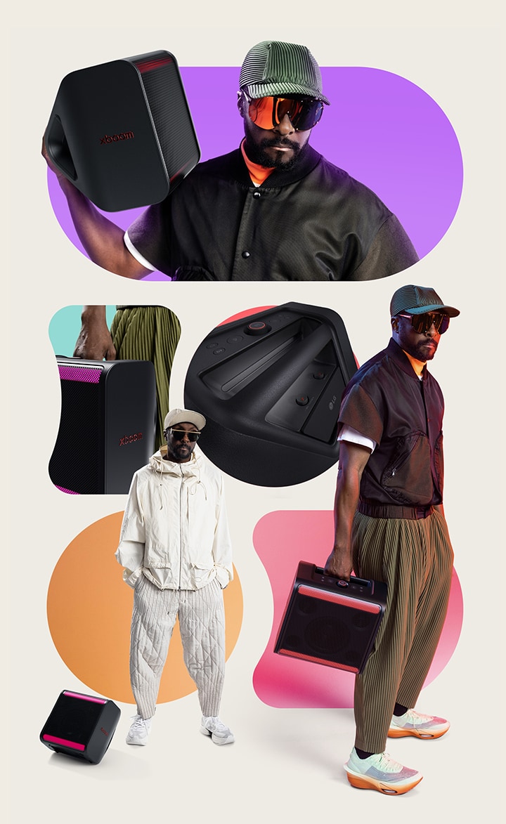 No topo, will.i.am em roupa preta e óculos de sol está a segurar o xboom Stage 301 no ombro. No meio, a imagem parcial do Stage 301 segurado por uma m?o permanece à esquerda, enquanto a imagem em grande plano da sua pega permanece à direita. No canto inferior esquerdo will.i.am em roupa branca está ao lado do xboom Stage 301 no ch?o. No canto inferior direito, will.i.am está a segurar o xboom Stage 301 com a m?o direita.