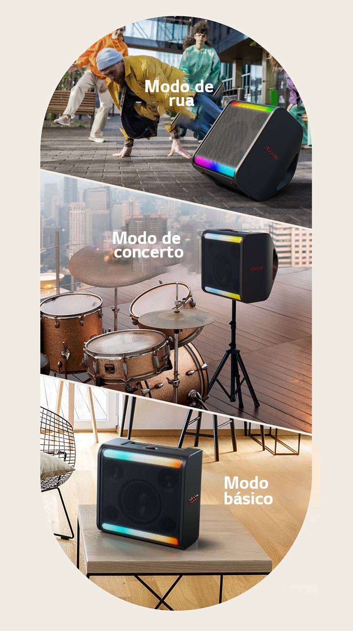 à esquerda, o xboom Stage 301 está no ch?o à frente de pessoas a dan?ar. Na parte do meio, o xboom Stage 301 está colocado no seu suporte ao lado de uma bateria. à direita, o xboom Stage 301 está sobre uma mesa de uma sala de estar.