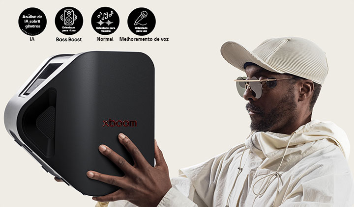 will.i.am em roupa branca e boné branco está a segurar o xboom Stage 301 com os dois bra?os, junto ao rosto.