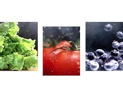 Vegetais, fruta e bolhas de ar s?o visíveis no espa?o dividido em três quadrados