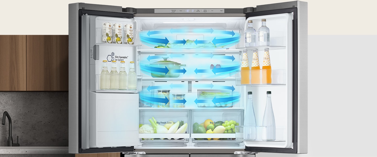No interior do frigorífico cheio de ingredientes, setas azuis, que significam frio, s?o apresentadas por baixo, de ambos os lados e em todo o espa?o.
