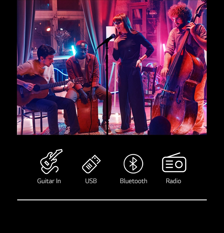 Uma imagem de um concerto. ícones de Guitarra, USB, Bluetooth e Radio s?o exibidos na parte inferior da imagem.