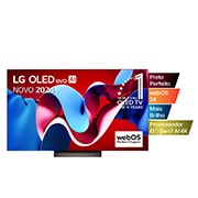 Vista frontal com a LG OLED evo TV, OLED C4, o logótipo do emblema dos 11 anos da OLED número 1 do mundo e o logótipo do webOS Re:New Program no ecr?, assim como a barra de som abaixo