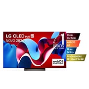 Vista frontal com a LG OLED evo TV, OLED C4, o logótipo do emblema dos 11 anos da OLED número 1 do mundo e o logótipo do webOS Re:New Program no ecr?, assim como a barra de som abaixo