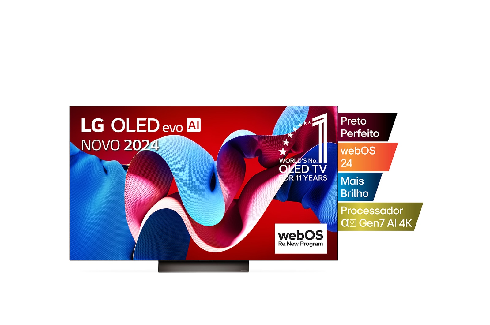 Vista frontal com a LG OLED evo TV, OLED C4, o logótipo do emblema dos 11 anos da OLED número 1 do mundo e o logótipo do webOS Re:New Program no ecr?, assim como a barra de som abaixo