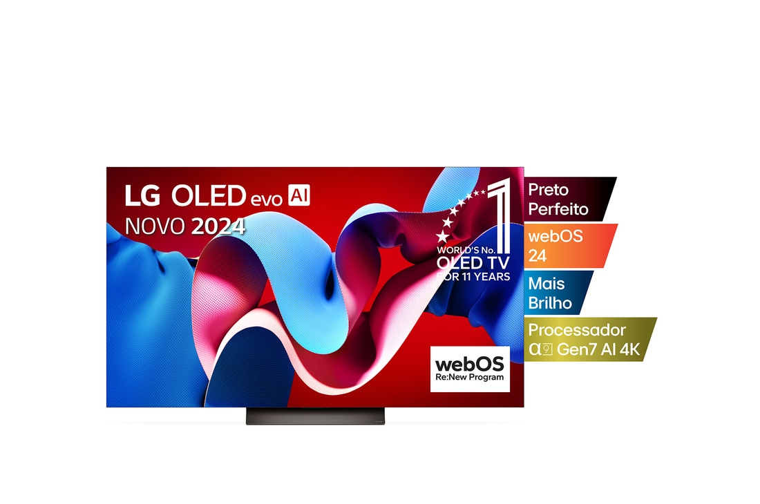Vista frontal com a LG OLED evo TV, OLED C4, o logótipo do emblema dos 11 anos da OLED número 1 do mundo e o logótipo do webOS Re:New Program no ecr?, assim como a barra de som abaixo