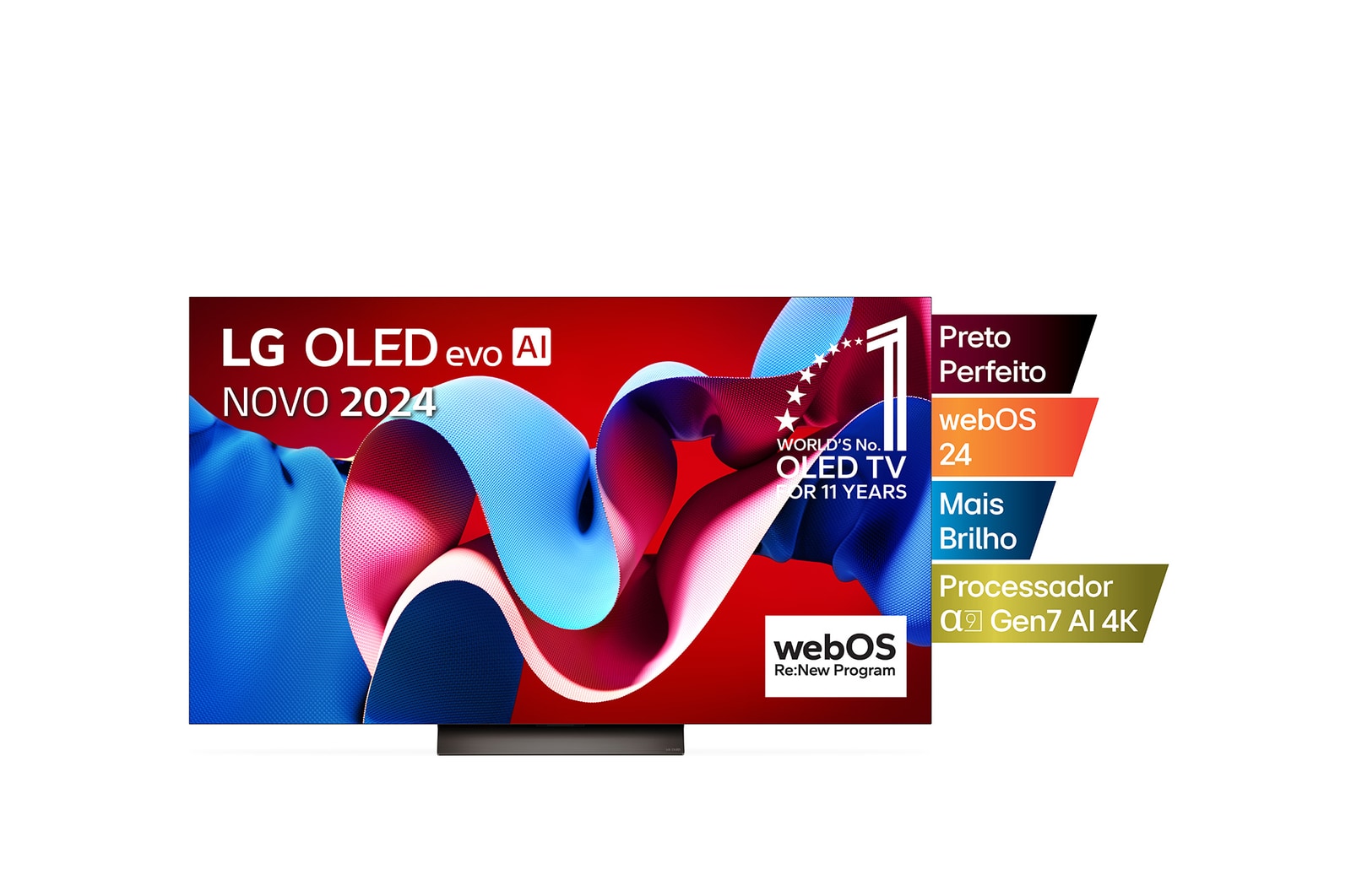 Vista frontal com a LG OLED evo TV, OLED C4, o logótipo do emblema dos 11 anos da OLED número 1 do mundo e o logótipo do webOS Re:New Program no ecr?, assim como a barra de som abaixo