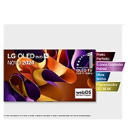 Vista frontal com a LG OLED evo TV, OLED G4, o emblema dos 11 anos da OLED número 1 do mundo e o logótipo da garantia do painel de 5 anos no ecr?