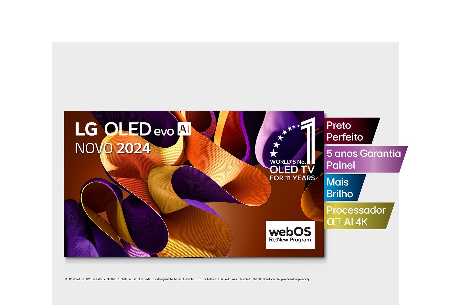 Vista frontal com a LG OLED evo TV, OLED G4, o emblema dos 11 anos da OLED número 1 do mundo e o logótipo da garantia do painel de 5 anos no ecr?