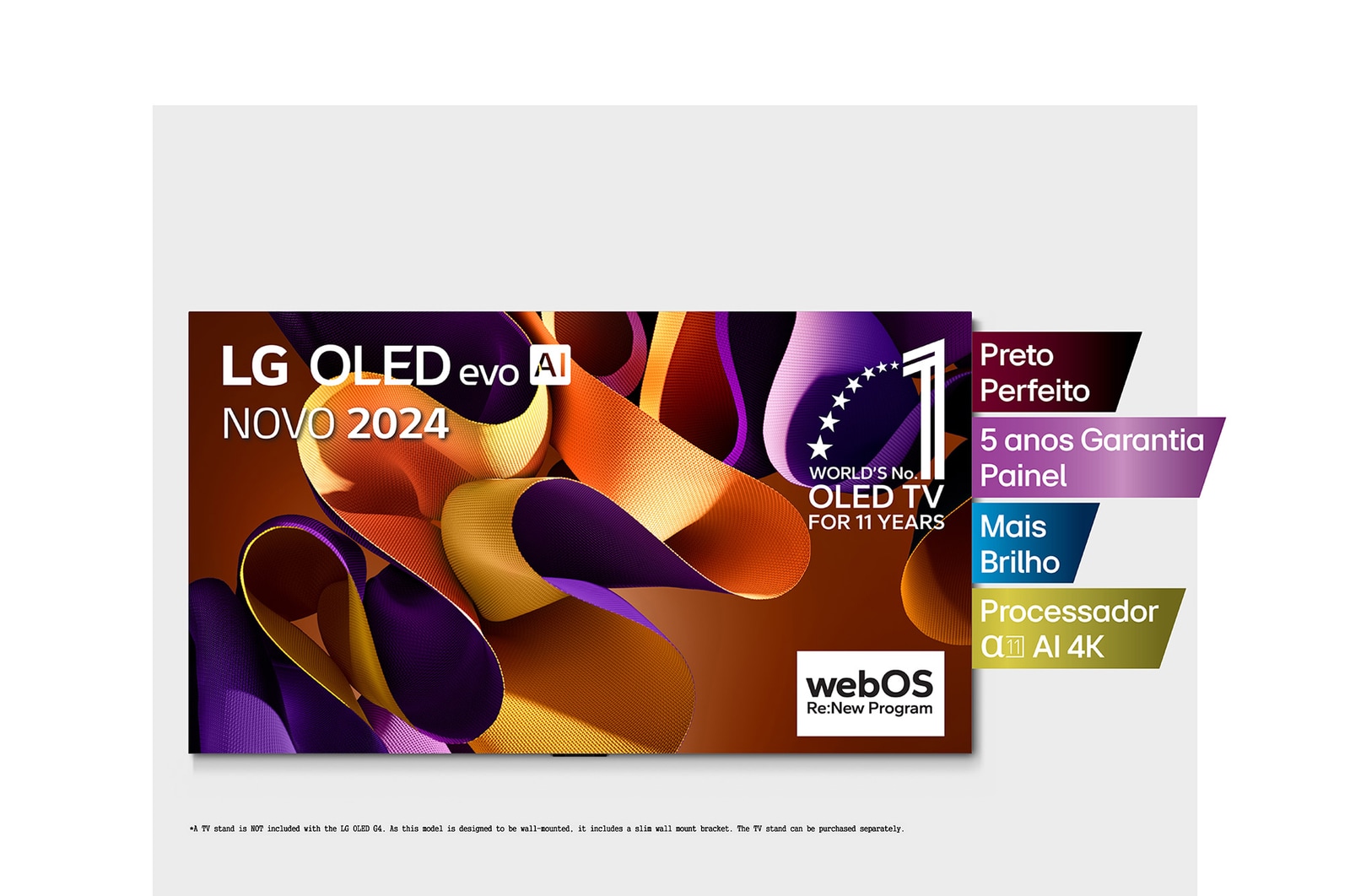 Vista frontal com a LG OLED evo TV, OLED G4, features principais com o emblema dos 11 anos da OLED número 1 do mundo e o logótipo do WebOS