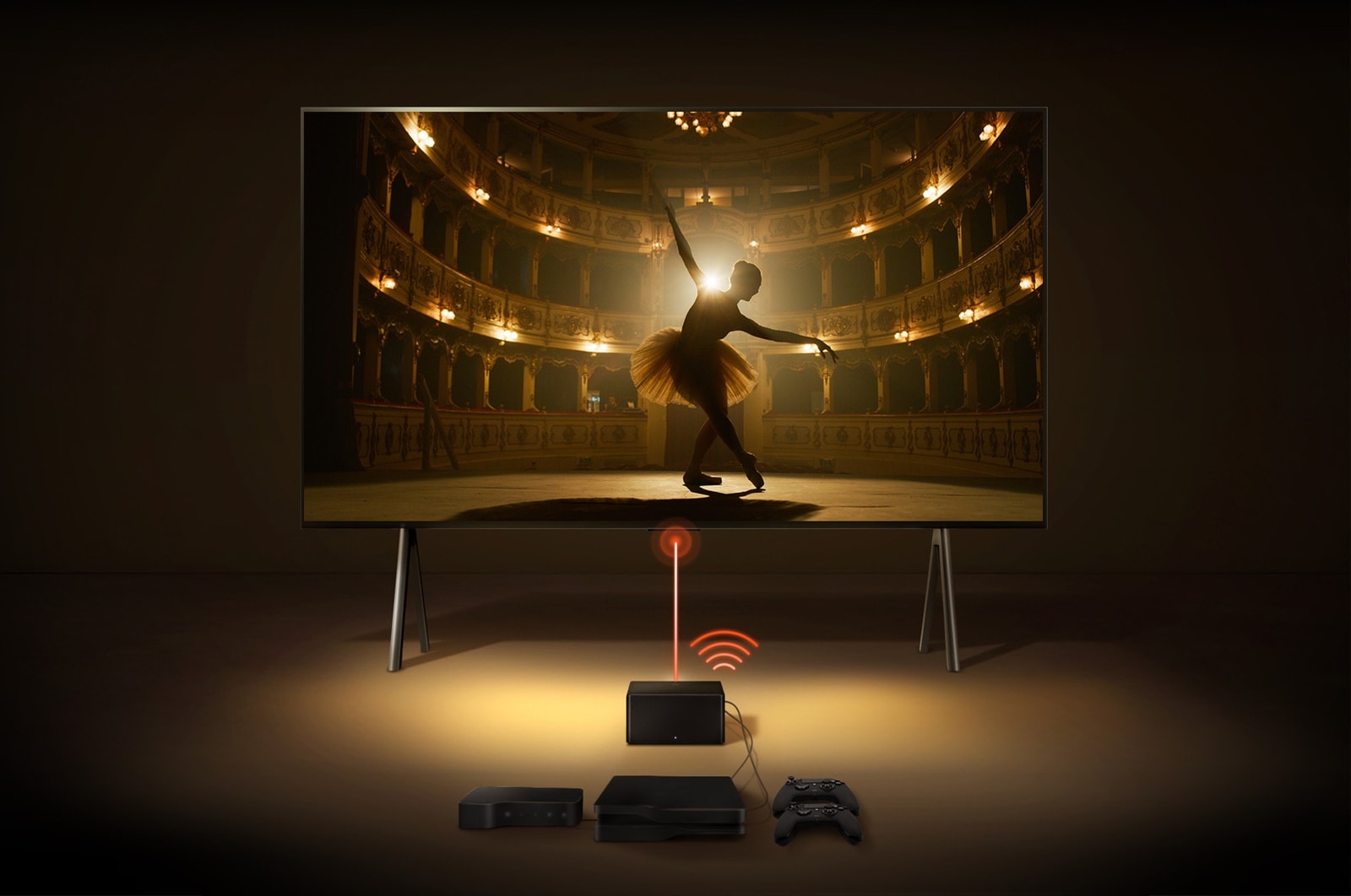 Uma Zero Connect Box em frente a um LG SIGNATURE OLED M4, com um sinal Wi-Fi vermelho e um feixe vermelho a emitir em dire??o à TV. A TV mostra uma bailarina a dan?ar a solo no palco.