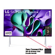 Vista frontal com a LG OLED TV, a ASSINATURA OLED M4 num suporte, o emblema OLED 11 Years of world number 1, o logótipo do programa webOS Re:New, o logótipo da garantia de 5 anos do painel no ecr? e uma Zero Connect Box com transferência de vídeo e áudio sem fios 4K ligada a uma TV e um sinal Wi-Fi a sair da caixa