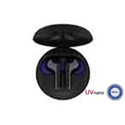 Vista superior da base aberta e dois auriculares no interior com luz UV acesa