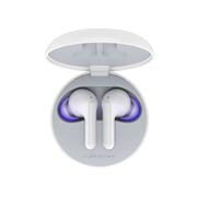 Vista superior da base aberta e dois auriculares no interior com luz UV acesa