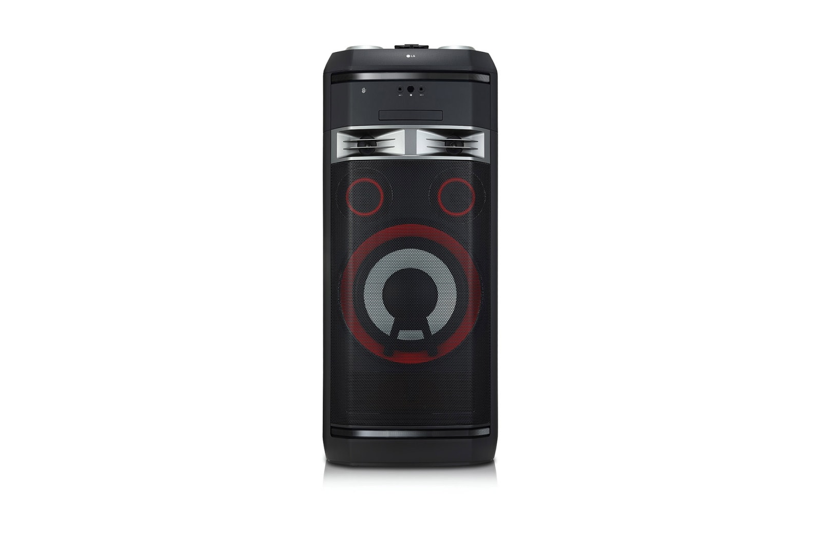 Vista frontal de Coluna LG XBOOM OL100, 2000W, Meridian, DJ, Karaoke, Sound Sync, Bluetooth, USB, liga??o ótica, MIC, CD, FM OL100
