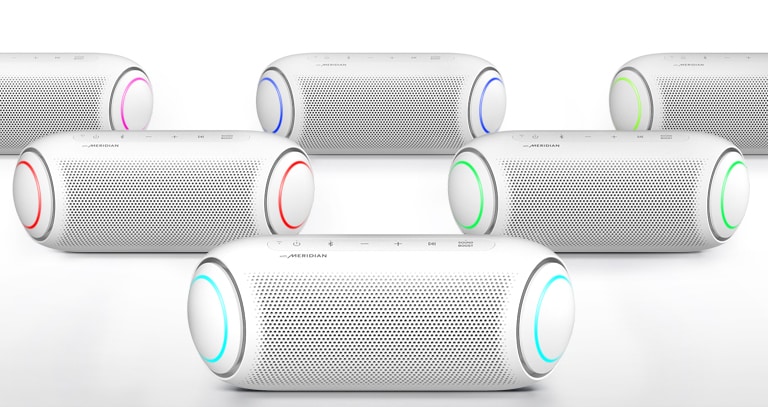Num fundo branco, cinco XBOOM Go mostram luzes de diferentes cores.