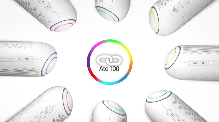 Num fundo branco, oito colunas LG XBOOM Go com várias cores est?o num círculo.