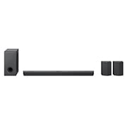 Vista frontal com subwoofer e colunas traseiras