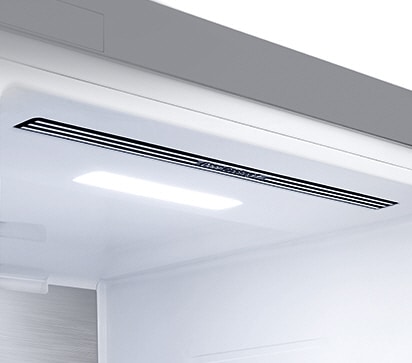 O topo do interior do frigorífico está em destaque com uma ilumina??o LED suave.