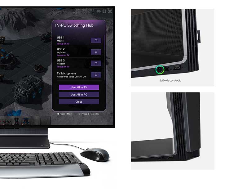 Hub de comuta??o em três imagens. Primeiro, o menu do hub de comuta??o é mostrado no ecr? do LG OLED Flex. A segunda imagem mostra a porta de conectividade do LG OLED Flex. A terceira imagem mostra uma vista lateral da porta de conectividade do LG OLED Flex.