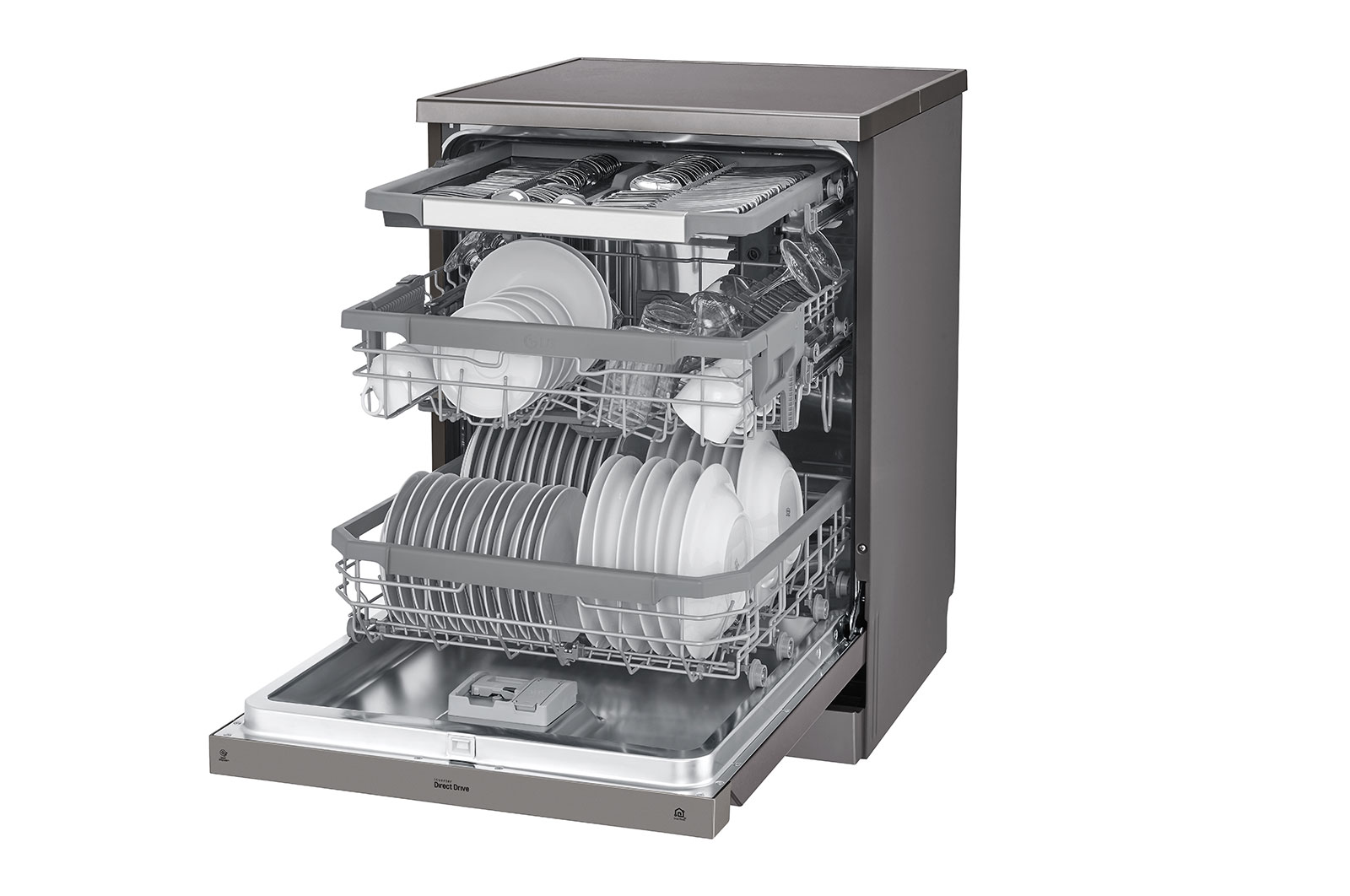 LG Máquina de lavar loi?a LG DF325FP, QuadWash?, 3 cestos reguláveis, eficiência energética E, inox, DF325FP