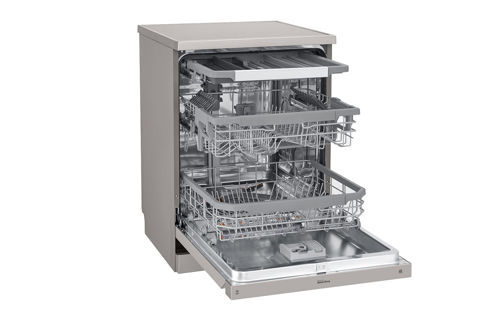 LG Máquina de lavar loi?a LG DF325FPS, QuadWash?, 3 cestos reguláveis, eficiência energética E, TrueSteam?, inox, DF325FPS