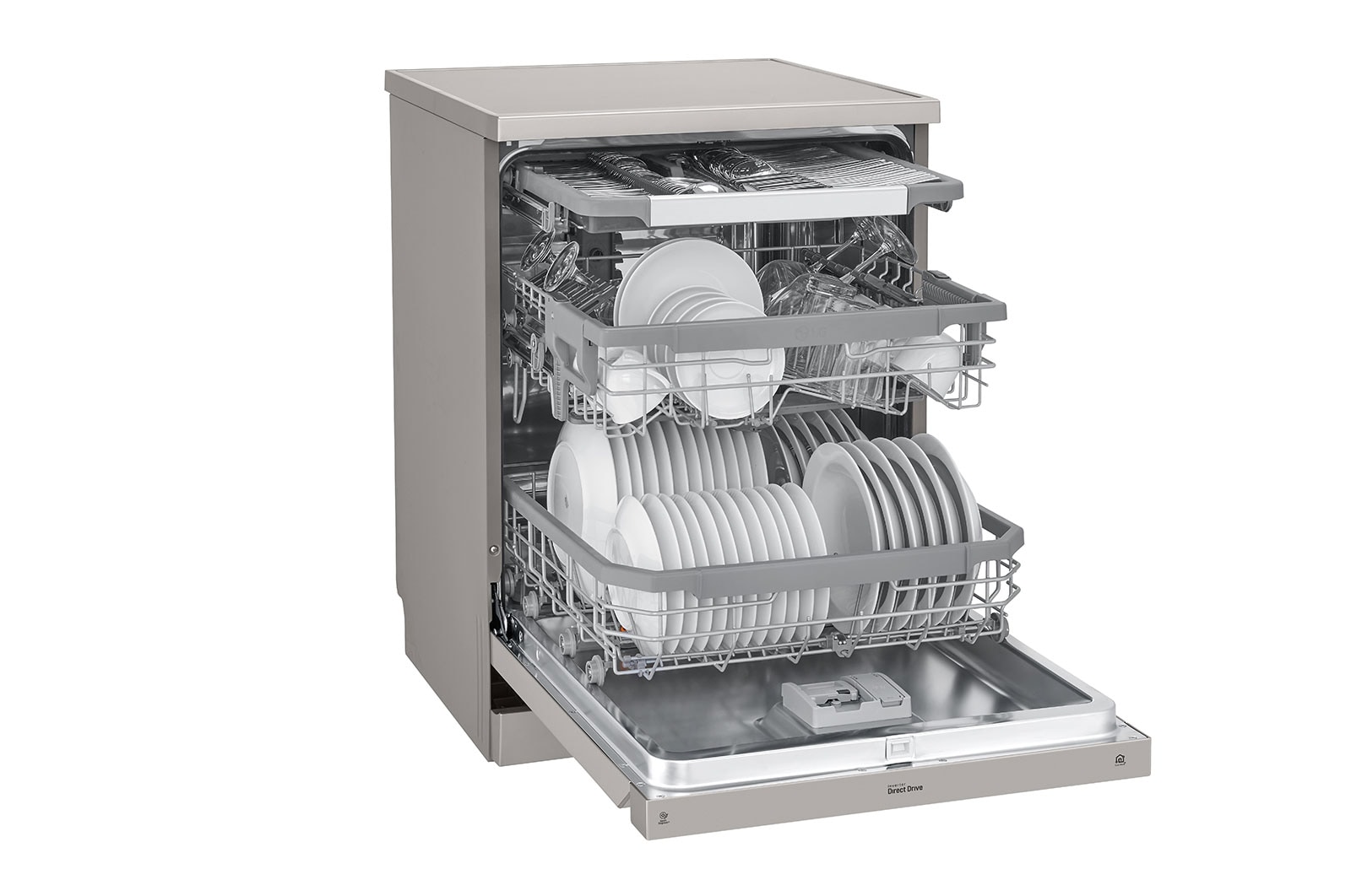 LG Máquina de lavar loi?a LG DF325FPS, QuadWash?, 3 cestos reguláveis, eficiência energética E, TrueSteam?, inox, DF325FPS