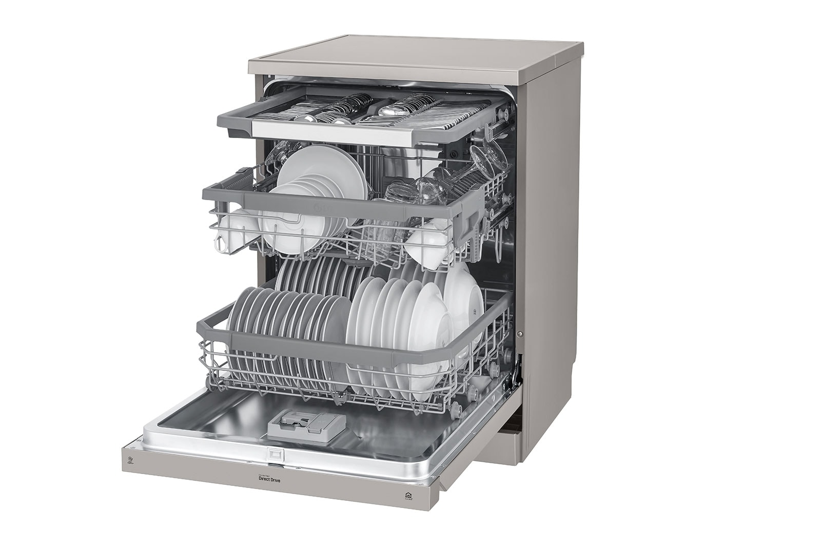 LG Máquina de lavar loi?a LG DF325FPS, QuadWash?, 3 cestos reguláveis, eficiência energética E, TrueSteam?, inox, DF325FPS