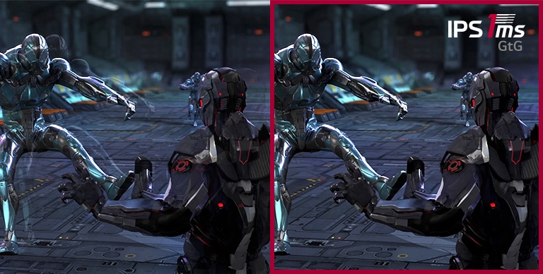 Enquanto o jogador defende e dispara contra três adversários no jogo FPS de ritmo rápido, o ecr? de jogo com o tempo de resposta IPS 1ms (GtG) mantém imagens mais nítidas sem escurecimento e cintila??o, em compara??o com o ecr? com tempo de resposta IPS 5ms.
