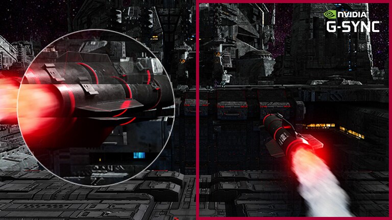 Um míssil dirige-se para os alvos a grande velocidade num jogo FPS, e o rápido movimento de rota??o capturado por amplia??o para a vista ampliada decorre com suavidade gra?as ao modo G-Sync ativado, em compara??o com outra cena com o modo G-Sync desativado.
