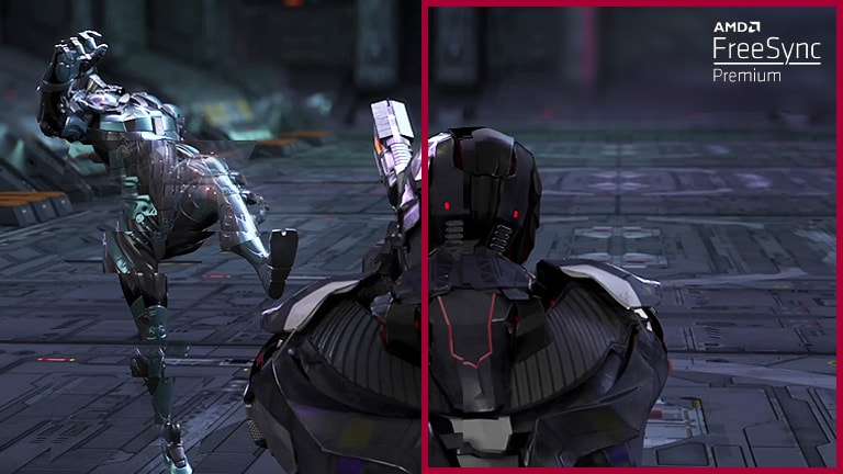 No jogo FPS de ritmo acelerado, o jogador move-se em torno de 3 oponentes protegendo-se e disparando contra eles, e as falhas e paragens no ecr? aparecem durante o movimento rápido do oponente com o modo AMD FreeSync Premium desligado, em compara??o com outro cenário de movimento contínuo com o modo AMD FreeSync Premium ligado.