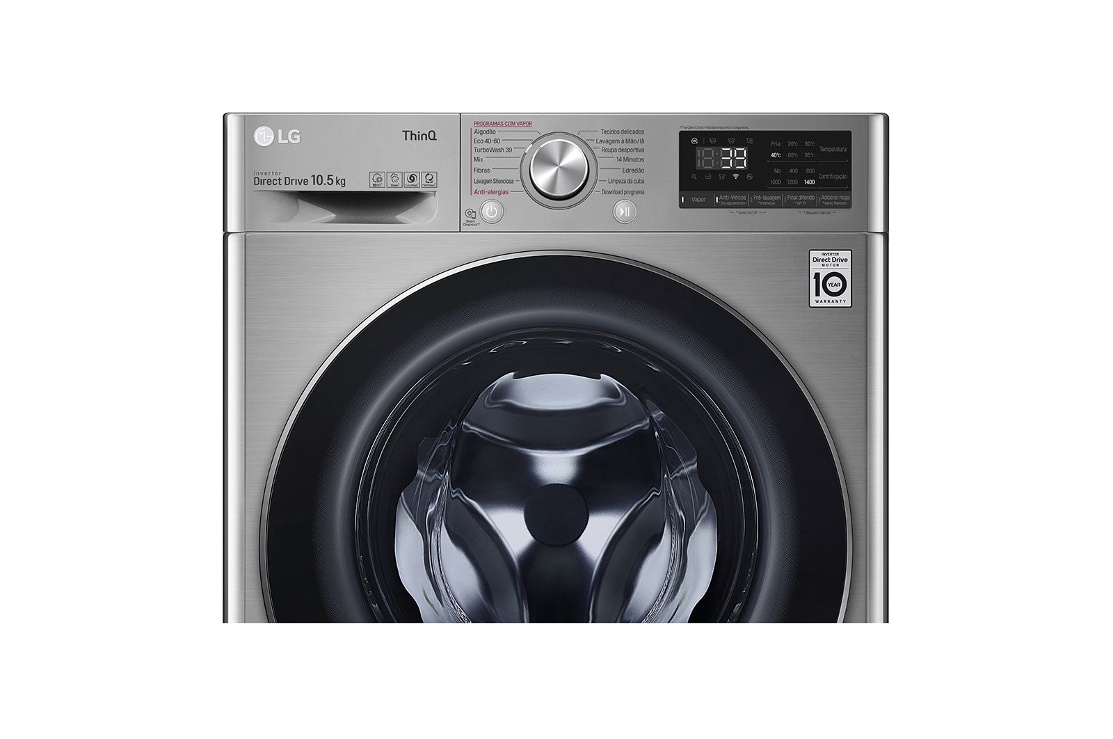 LG Máquina de lavar roupa LG F4WV7010S2S, 10,5 kg, eficiência energética A, 1400 r.p.m., AI DD?, Steam?, TurboWash360?, inox, F4WV7010S2S